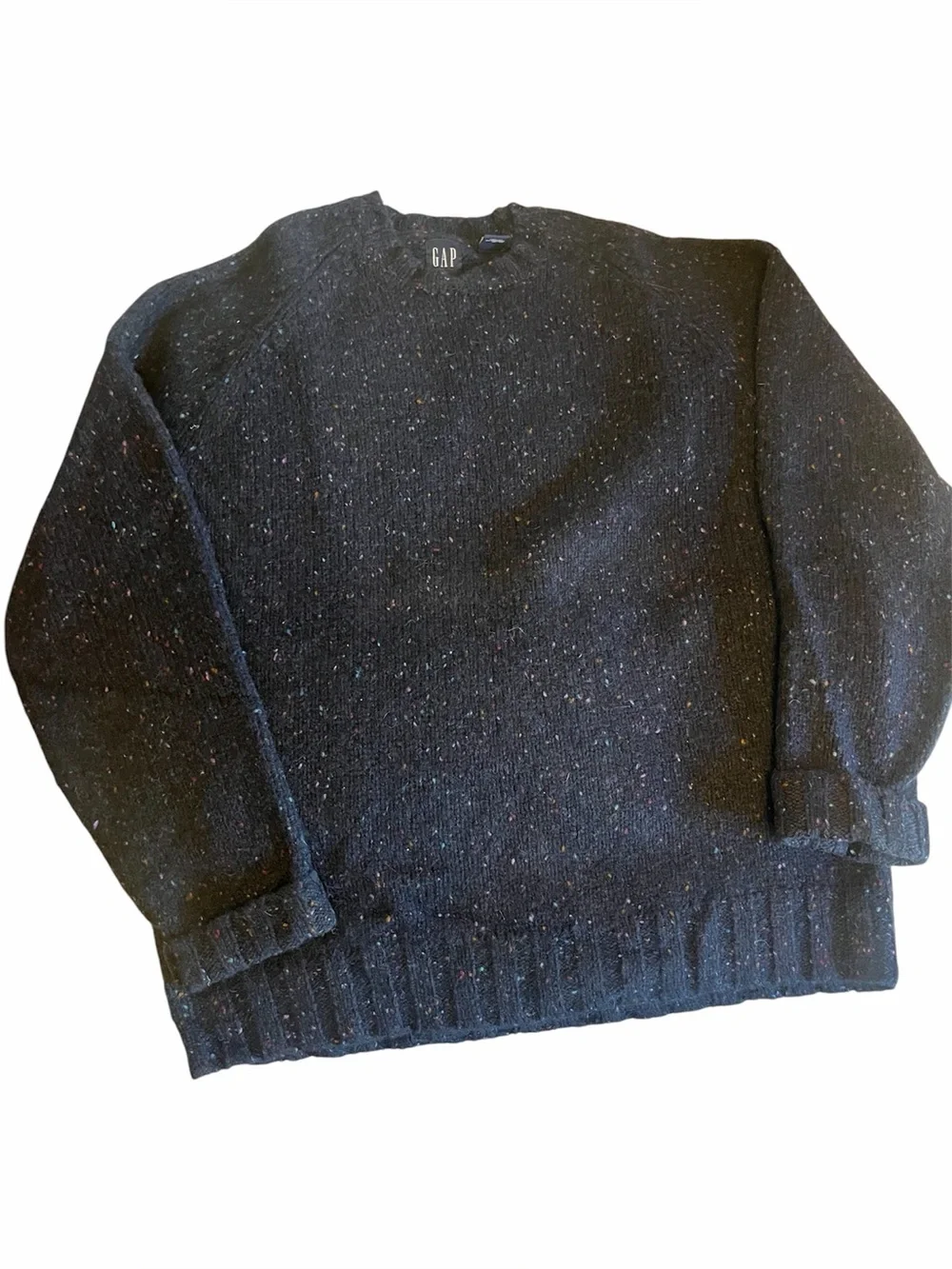 VTG 90S GAP Speckled Wool Sweater Mens L Navy Blue Donegal Pullover Hong Kong